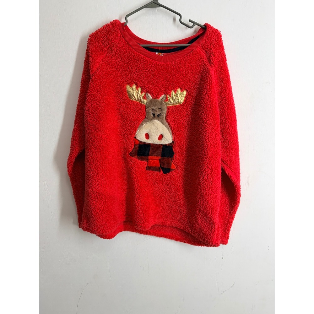 Holiday Time Reindeer Sherpa Fleece Sweatshirt Red Plus Size 3X Christmas Top